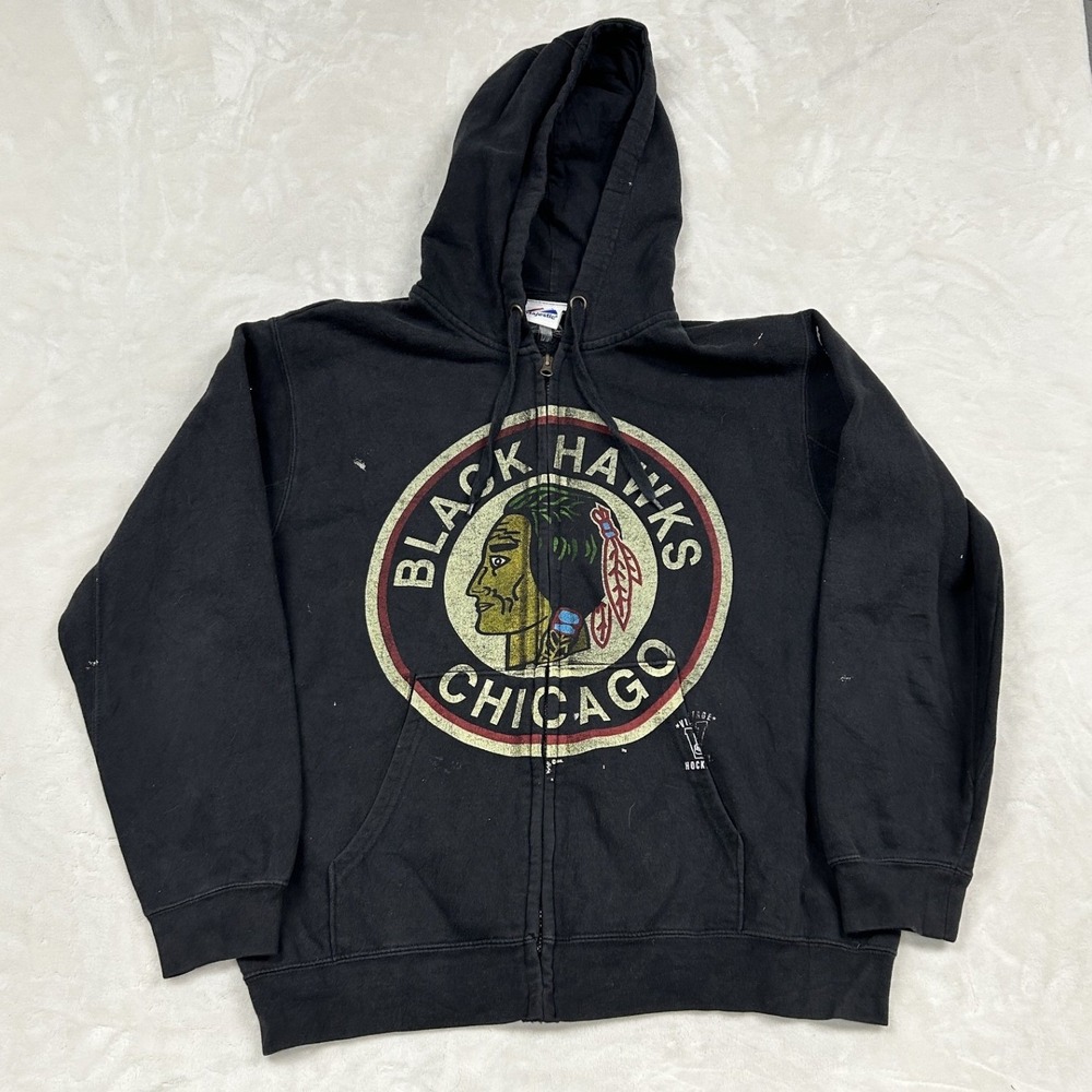 Majestic Chicago Blackhawks jacket Mens Black Full Zip Distressed Graphic Logo